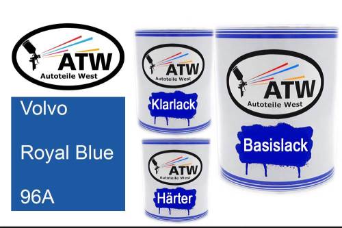 Volvo, Royal Blue, 96A: 1L Lackdose + 1L Klarlack + 500ml Härter - Set, von ATW Autoteile West.